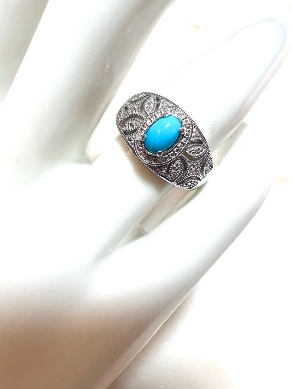 Blue Sleeping Beauty Turquoise Rhodium Over Sterling Silver Halo Ring 0.03ctw